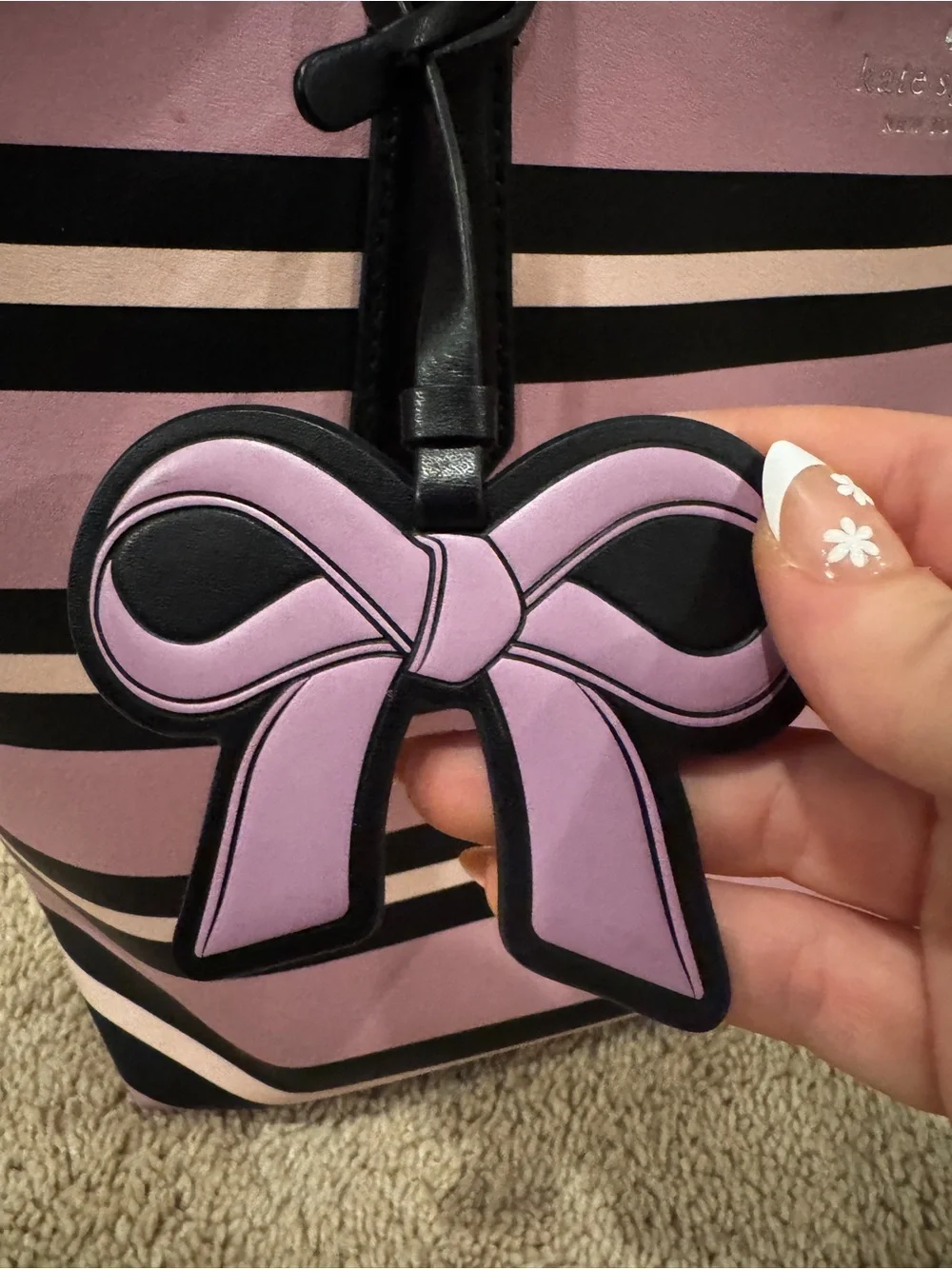 Kate Spade Lavender & Black Striped Large Tote Bag Bow Charm